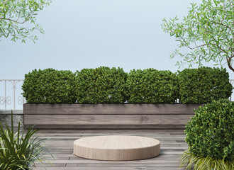 3d rendering Background with wood podium, product showcase minimal podium wall scene.