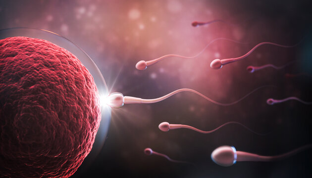 Sperm directed towards the egg bubble, Natural fertilization.3d illustration