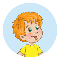 Portrait of a red-haired boy. Avatar icon in the circle. In cartoon style. Isolated on white background. Vector illustration.