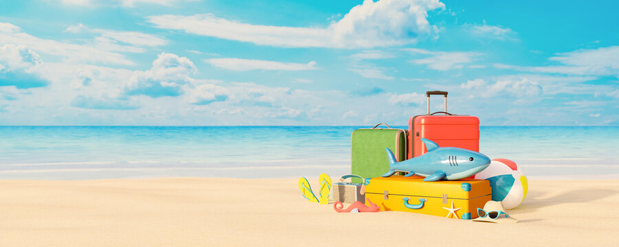 Colorful travel bags and summer accessories on white sandy beach 3D Render 3D illustration