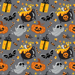 Pumpkin, bat, ghost and other traditional elements of Halloween. Kids print. Seamless pattern.
