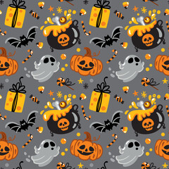 Pumpkin, bat, ghost and other traditional elements of Halloween. Kids print. Seamless pattern.