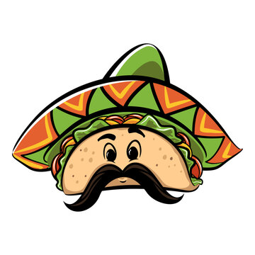 vector illustration of cute and friendly taco icon wearing a mustache sombrero