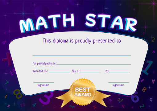 Kids diploma. Certificate of achievement in math. School diploma design. Space background. Raster.
