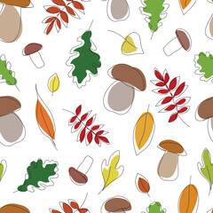 Autumn seamless pattern with mushrooms and leaves. One line design leaves with colored elements. Vector autumn outline pattern for printing on fabric, paper. Minimalism art.