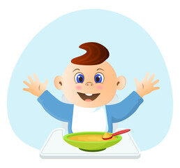 The child eats behind the feeding chair. Vector illustration.