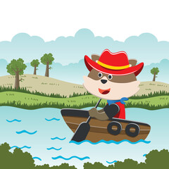 Vector cartoon illustration of cute monkey sailing on sailboat with cartoon style. Can be used for t-shirt print, kids wear fashion design, fabric textile, nursery wallpaper and poster.