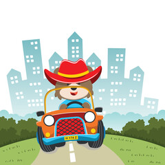 Naklejka premium Vector illustration of cute fox riding contruction vehicle with cartoon style. Can be used for t-shirt print, kids wear, invitation card. fabric, textile, nursery wallpaper and other decoration.
