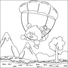Vector cartoon illustration of skydiving with litlle fox with cartoon style Childish design for kids activity colouring book or page.