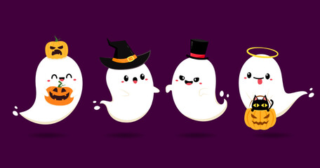 Happy halloween party greeting card with cute ghost. Holidays cartoon character. Cute spooky ghosts.