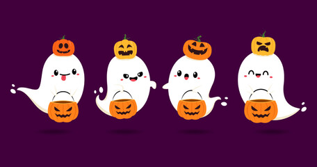 Happy halloween party greeting card with cute ghost. Holidays cartoon character. Cute spooky ghosts.