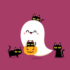 Happy halloween party greeting card with cute ghost. Holidays cartoon character. Trick or treat design with cute pumpkin. Halloween funny cartoon.