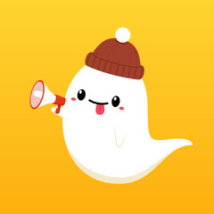 Happy halloween party greeting card with cute ghost. Holidays cartoon character. Cute spooky ghosts.