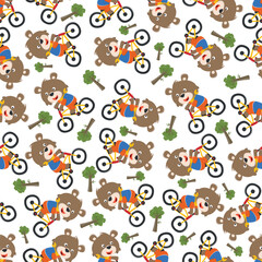 Seamless pattern of happy little fox ride a bicycle, Trendy Creative vector childish background for fabric, textile, nursery wallpaper, poster, card, brochure. and other decoration.