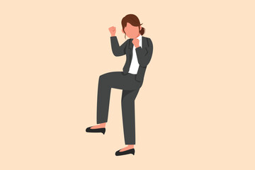 Business design drawing beautiful businesswoman standing with fold one leg and yes gesture with both hands. Office worker celebrate success of company project. Flat cartoon style vector illustration