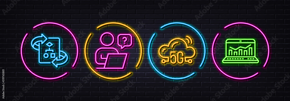 Poster technical algorithm, 5g cloud and online question minimal line icons. neon laser 3d lights. web anal