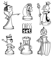 Chess pieces set, cartoon characters, live chess, coloring book, illustration for children's chess club