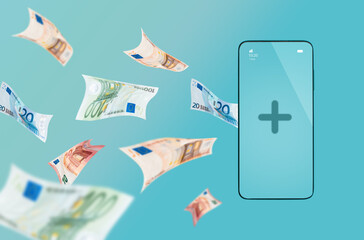 Collage finance and apps. Paper euro bills fly into the smartphone, replenishing the balance. Turquoise background. The concept of remittance and investment