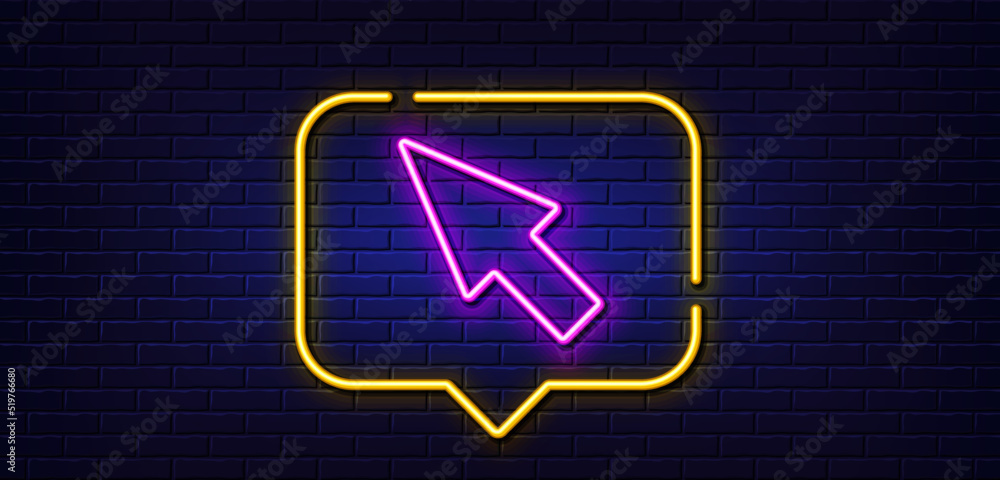 Poster neon light speech bubble. mouse cursor line icon. pointer sign. click arrow symbol. neon light backg