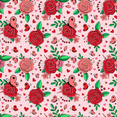 Seamless texture with roses and butterflies. Endless floral vector background