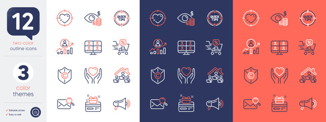 Set of Copyright protection, Search mail and Video conference line icons. Include Hold heart, Work home, Business vision icons. Tips, Loyalty card, Megaphone web elements. Discounts cart. Vector
