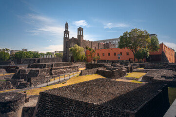 Santiago Temple and Tlatelolco ruin in the Three Cultures Plaza in Mexico City, CDMX, Mexico. This public square featuring remains of an Aztec city was the site of the 1968 Tlatelolco Massacre. 