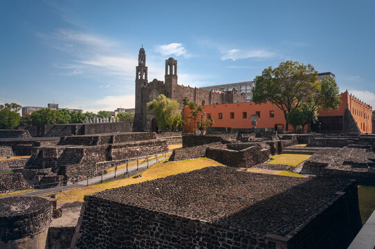 Santiago Temple and Tlatelolco ruin in the Three Cultures Plaza in Mexico City, CDMX, Mexico. This public square featuring remains of an Aztec city was the site of the 1968 Tlatelolco Massacre. 
