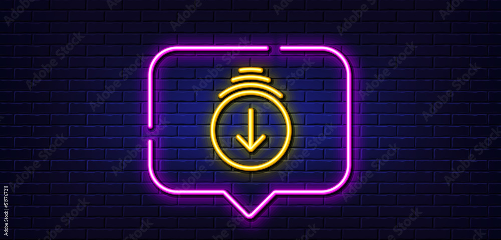Poster neon light speech bubble. scroll down arrow line icon. scrolling screen sign. swipe page. neon light
