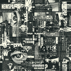 Black and white vector background with newspaper and magazine fragments in grunge style. Abstract seamless pattern with unreadable text, illustrations, headlines. Wallpaper, wrapping paper, fabric