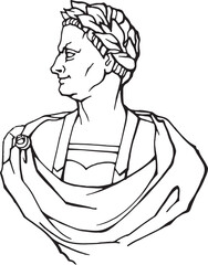 Vector linear sketch: sculpture, bust of Caesar. Black on white element for design card, poster, illustration about ancient culture or art.