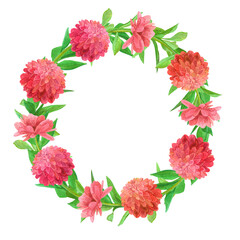 Watercolor illustration of a wreath of flowers and green leaves isolated on a white background, peony and gerbera, a round frame with garden plants, banners with foliage with space for text.