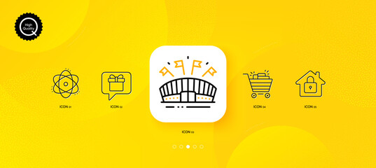 Fototapeta na wymiar Wish list, Sports arena and Shopping cart minimal line icons. Yellow abstract background. Lock, Atom icons. For web, application, printing. Present box, Event stadium, Gifts. House protection. Vector
