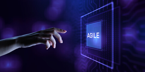 Agile development methodology concept on virtual screen. Technology concept.