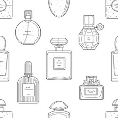 Perfume bottles line art style seamless pattern. Glass flasks with perfume, eau de toilette, fragrance in doodle style. Vector repeat texture in sketch style. Black and white illustration