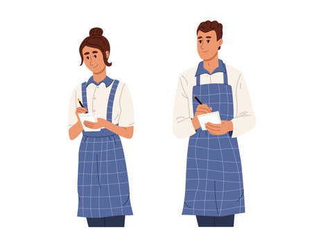 Cafe employees take an order. Young woman and man waiter in uniform listening and writing notes. Colored flat graphic vector illustration isolated on white background