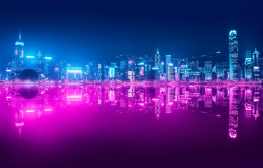 Plakat Metaverse neon city network technology background