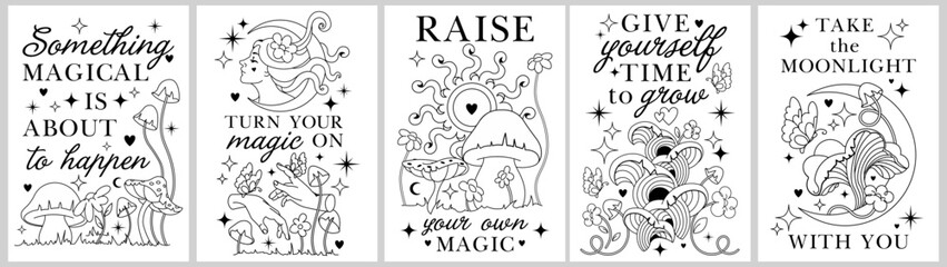 Line art boho graphic.Silhouette vintage prints for t-shirt, tee, celestial affirmations.Alchemy Sacred posters with inspirational slogans. Monohrom, two colors- black and white frames with quotes