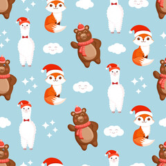 Seamless pattern with animals - bear, fox, llama or alpaca with clouds. Vector Christmas illustration for fabric, texture, wallpaper, poster, card. Editable elements. Winter cartoon design.