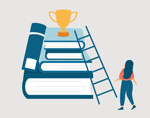 woman getting ready to step up on stack of books using a ladder to achieve a prize at the top. Path to business and personal success. Education, knowledge, Learning and skill development concept.