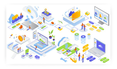 Obraz premium Blog content writing, cloud storage file transfer, edit, smart photo album, flat vector isometric illustration.