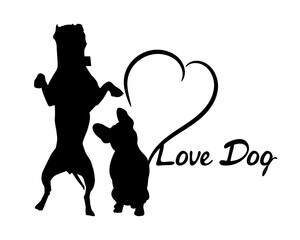 Silhouette of dogs, inscription Love Dog and heart. American Staffordshire Terrier and French Bulldog. Isolated on white background.