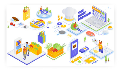 Healthy nutrition. Popular online food recipes, cooking books, fast and easy no cook dinner ideas, vector illustration.