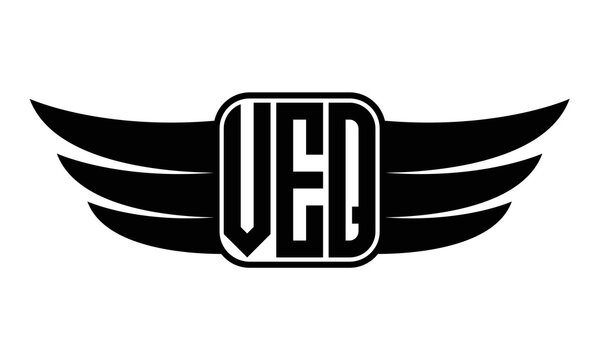 VEQ three Letter wing minimalist creative concept icon eagle symbol professional black and white logo design, Vector template
