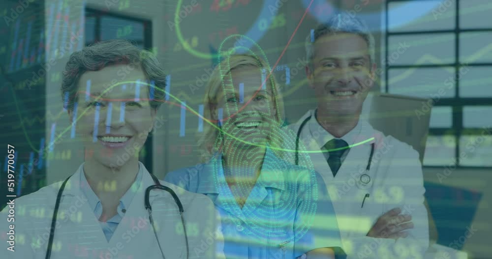 Poster animation of financial data processing over team of diverse medical health workers smiling
