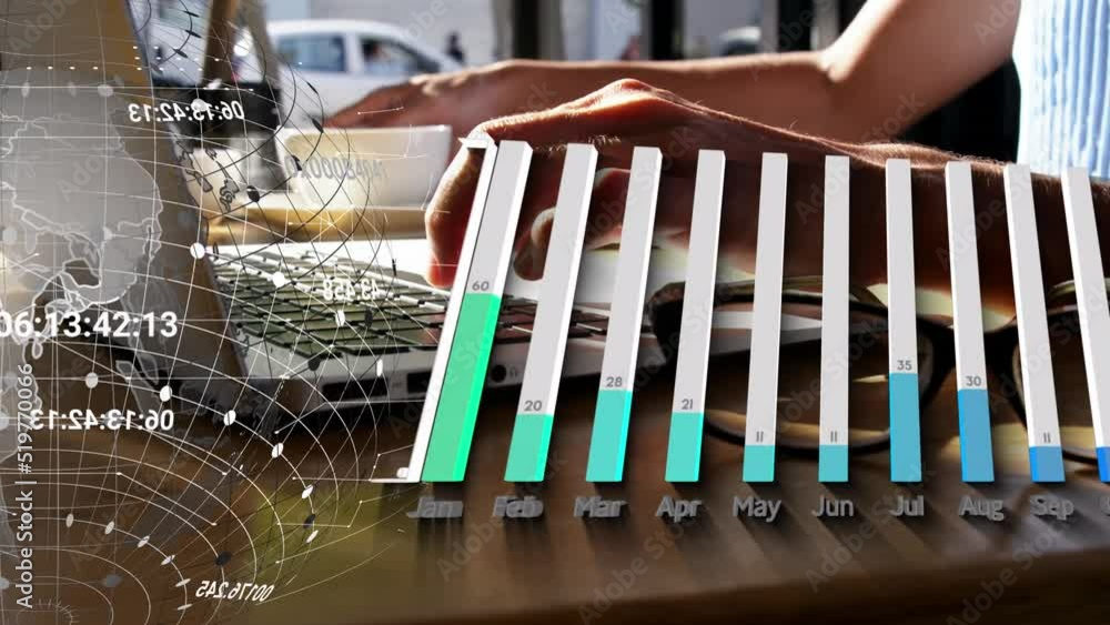 Aufkleber animation of spinning globe and statistical data processing over mid section of woman using laptop