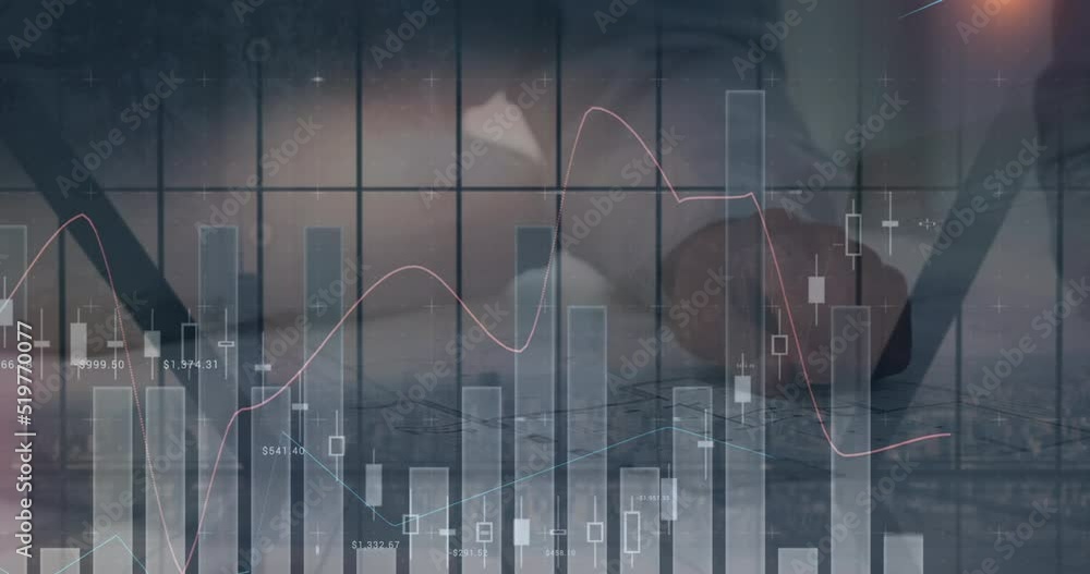Poster animation of statistical data processing over mid section of businessman against cityscape