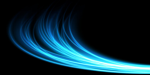 Modern and super natural abstract high speed motion. Dynamic speed leaving behind light trails of movement on a dark blue background. Technology template for background, design, banner or poster.