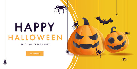 Happy halloween banner with illustration of realistic pumpkins with faces.