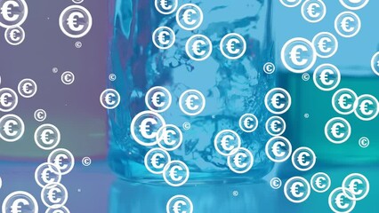 Animation of multiple euro symbols over chemical pouring in a glass beaker against blue background - Powered by Adobe