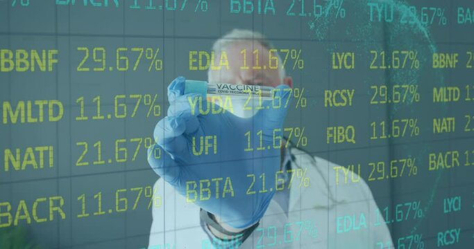 Animation of stock market data processing over caucasian senior male doctor holding covid-19 vaccine